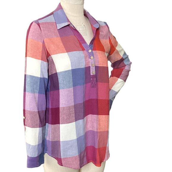 MULTIPLES Sweet Heart Plaid Tunic Top Linen Rayon Sz XS #228E - Picture 7 of 9
